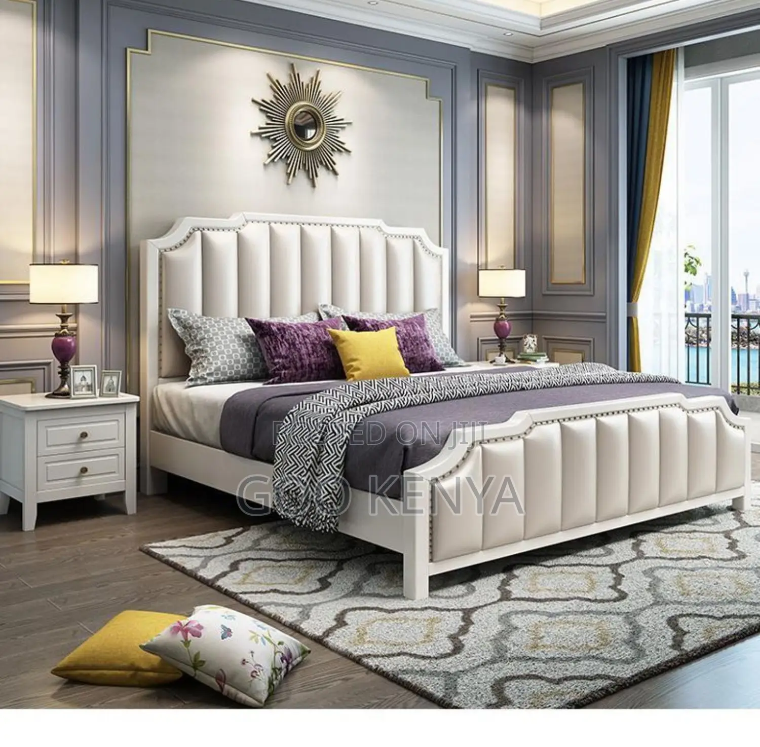 Home Bed; Wooden Master Bed With Leather Panel Design