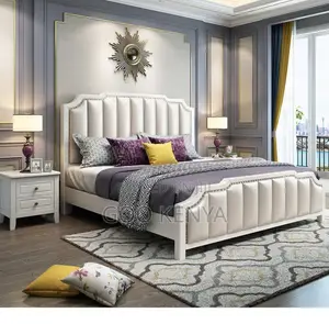 Home Bed; Wooden Master Bed With Leather Panel Design