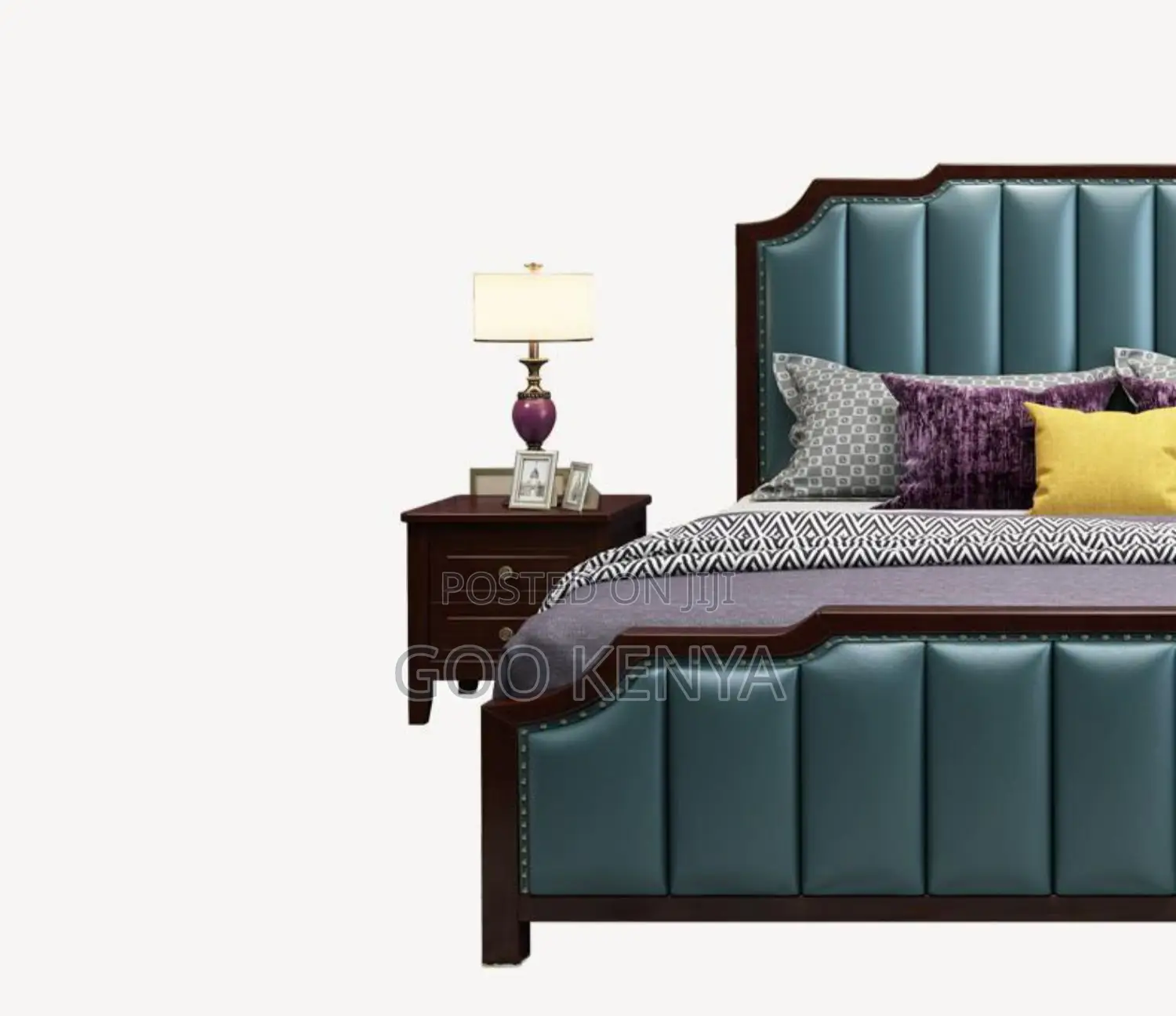 Home Bed; Wooden Master Bed With Leather Panel Design