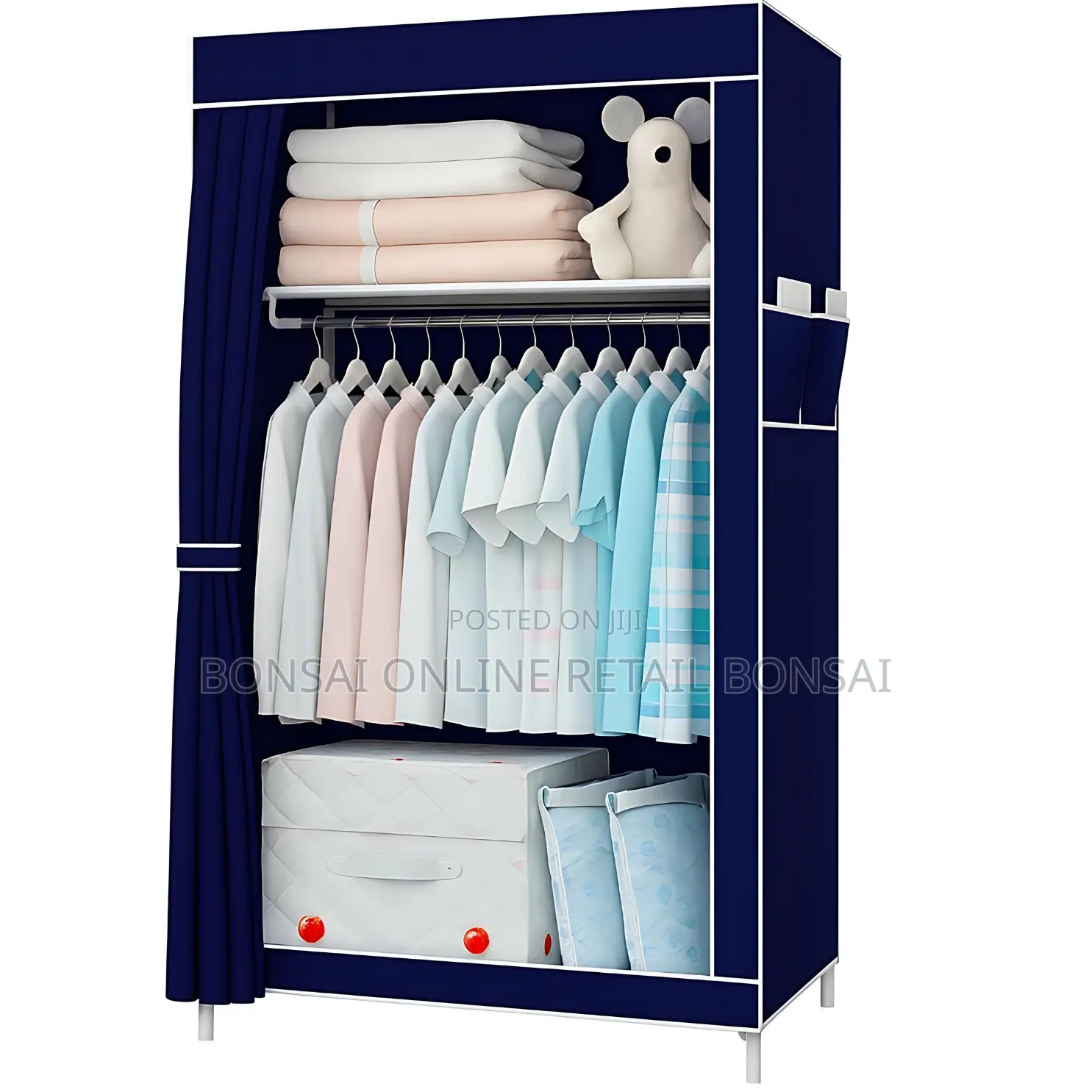 Fabric Folding Wardrobe With Steel Frame – Navy Blue Storage Cabinet