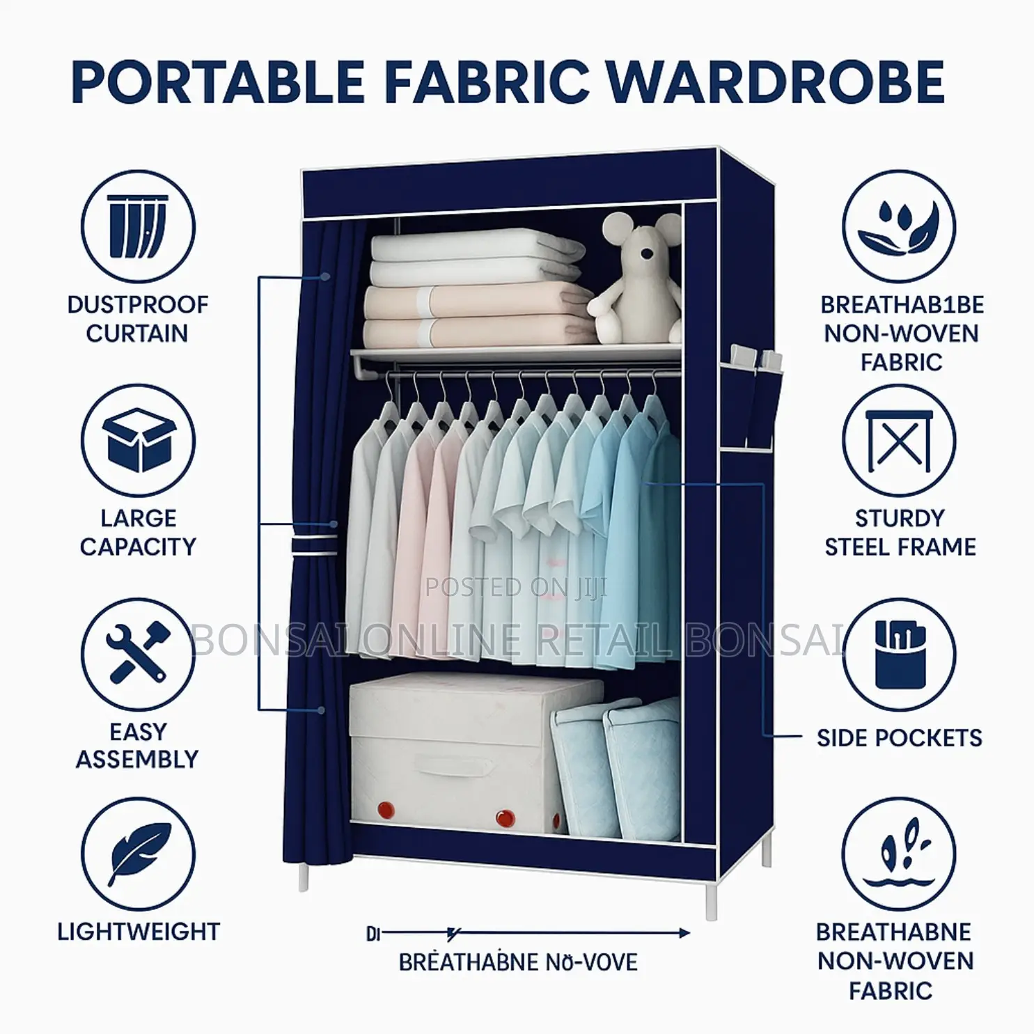 Fabric Folding Wardrobe With Steel Frame – Navy Blue Storage Cabinet