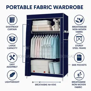 Fabric Folding Wardrobe With Steel Frame – Navy Blue Storage Cabinet