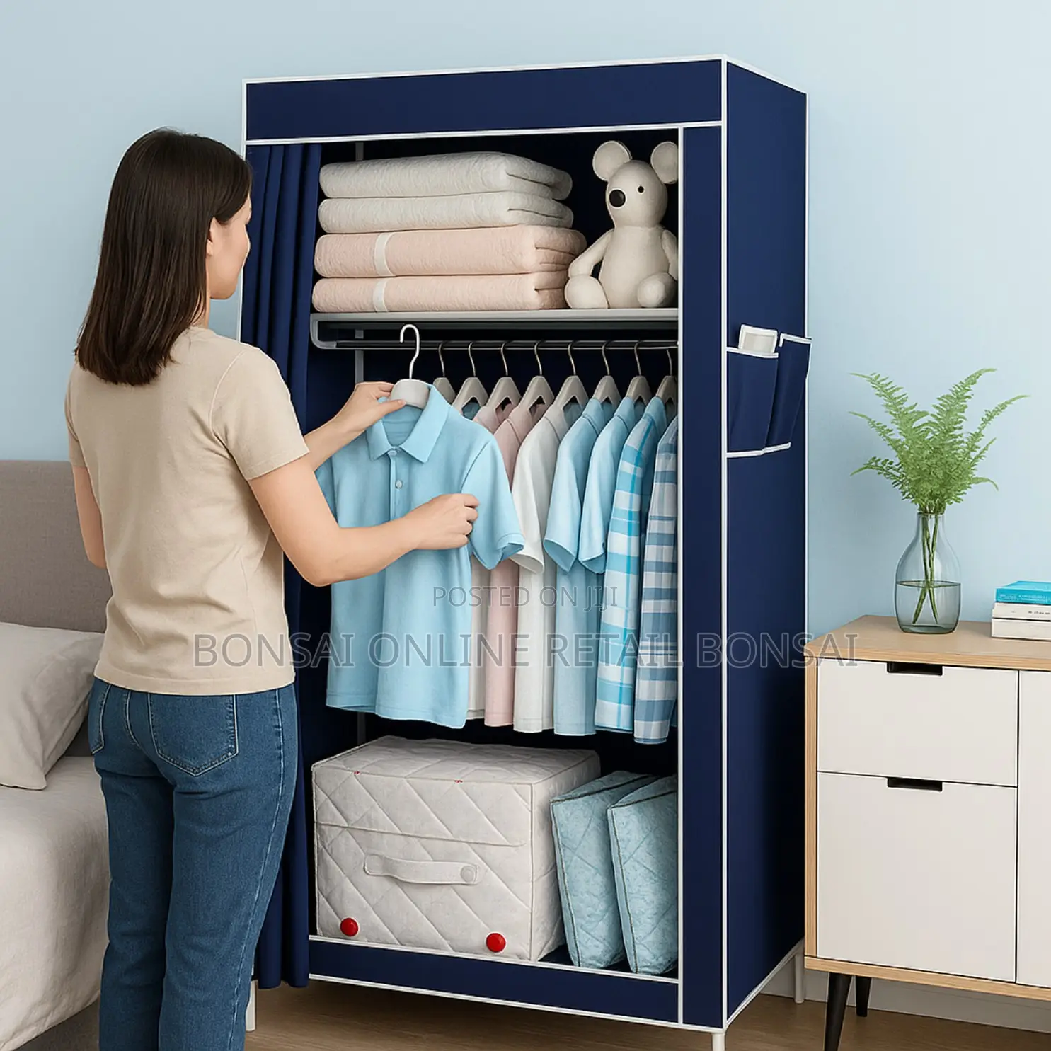 Fabric Folding Wardrobe With Steel Frame – Navy Blue Storage Cabinet