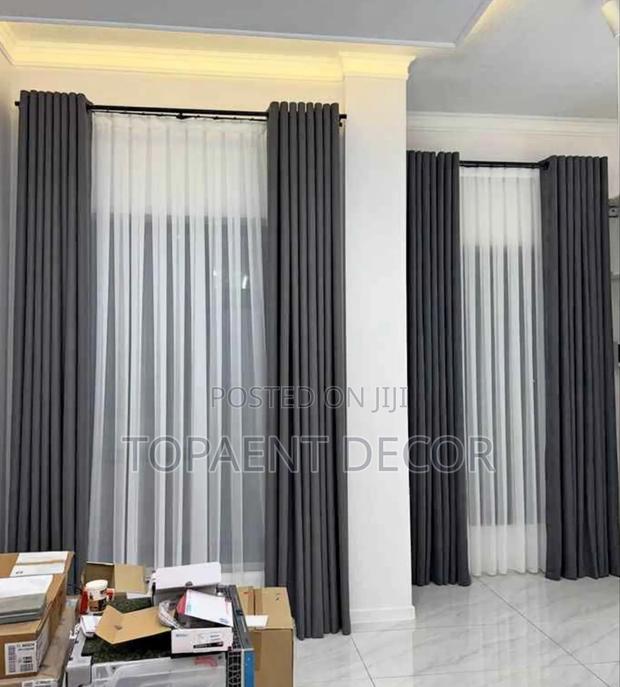 Grey Drapery Fabric and Plain White Curtain Sheer - main view