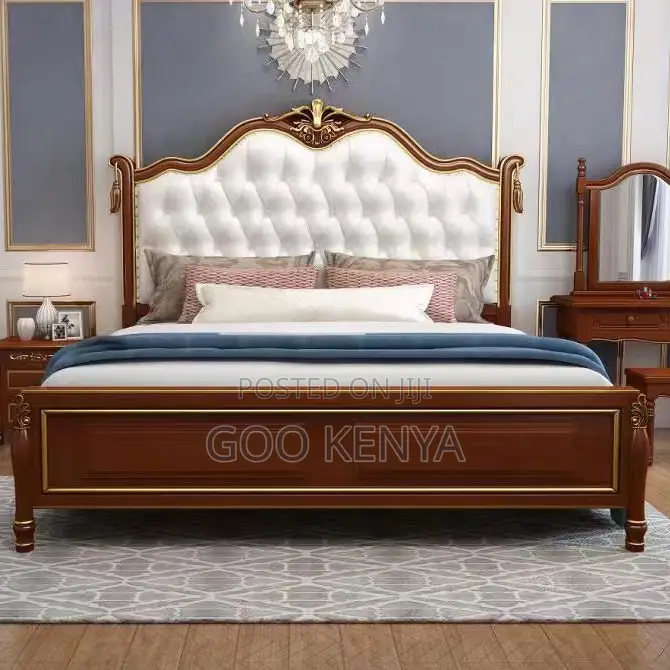Home Bed; Solid Mahogany King Bed With Leather Head