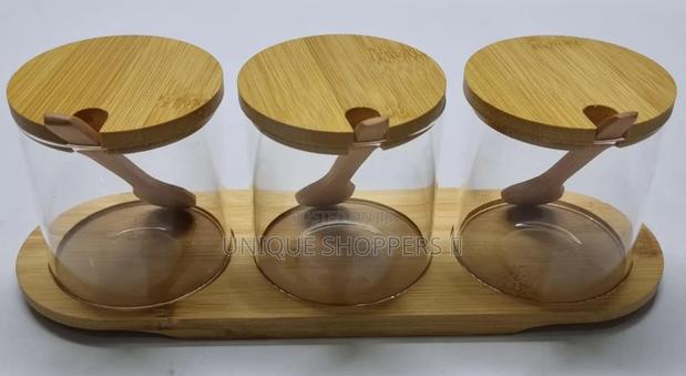 High Quality 3in1 Glass Sugar Set With Bamboo Stand, Lids and Spoons - thumbnail 3