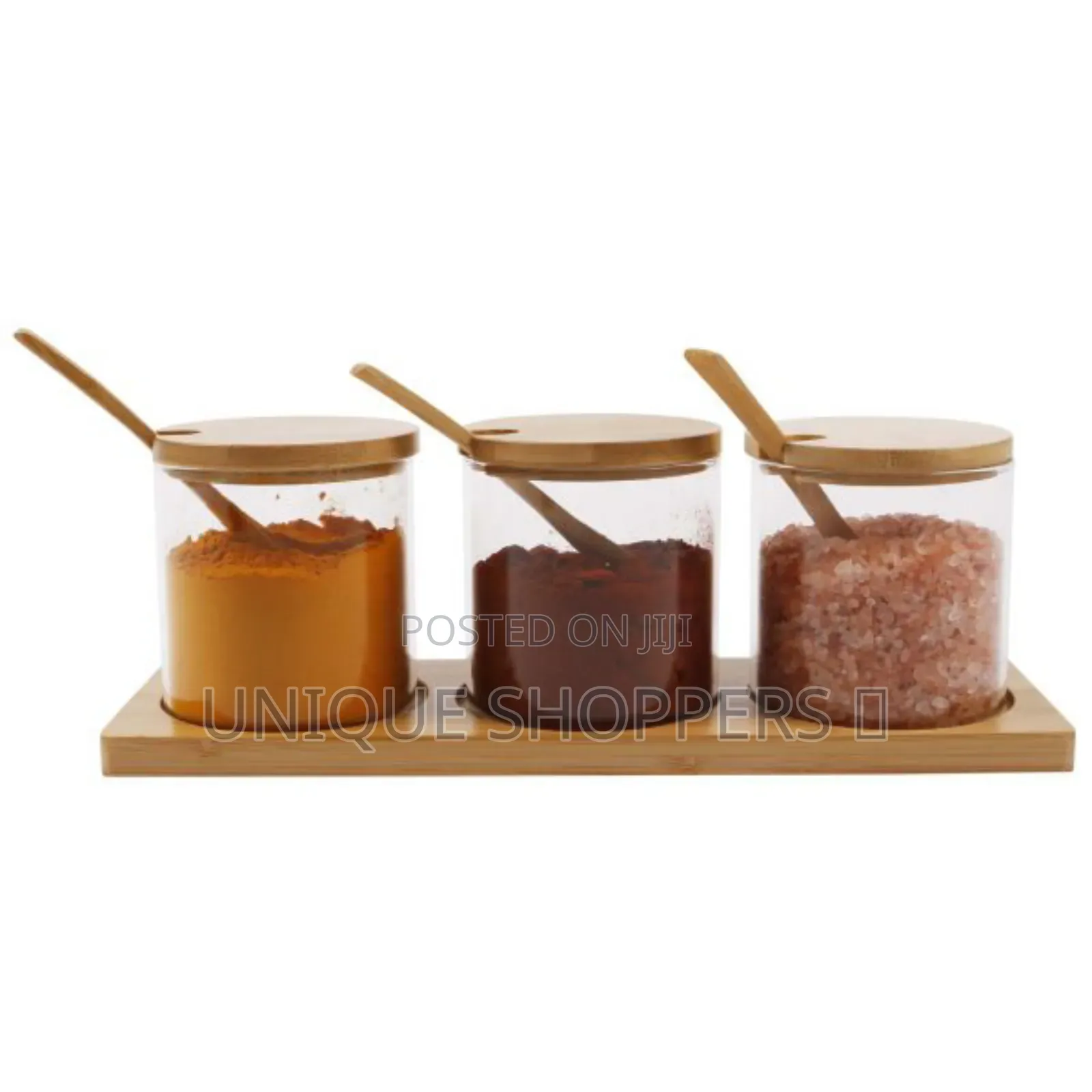 High Quality 3in1 Glass Sugar Set With Bamboo Stand, Lids and Spoons