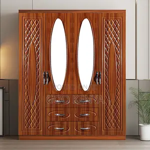 Home Wardrobe;4-Door Bedroom Wardrobe With Wooden Finish and Mirror