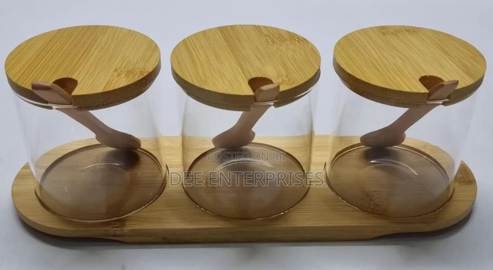 High Quality 3in1 Glass Sugar Set With Bamboo Stand, Lids and Spoons
