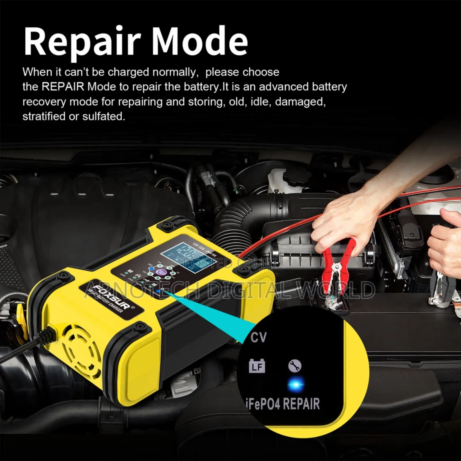 Foxsur 12v/24v LCD Pulse Repair Battery Charger
