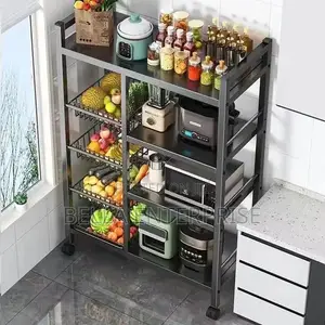 Multifunctional Strong Metallic Kitchen Rack With Movable Wheels
