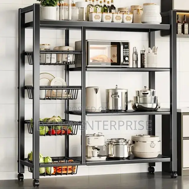 Multifunctional Strong Metallic Kitchen Rack With Movable Wheels