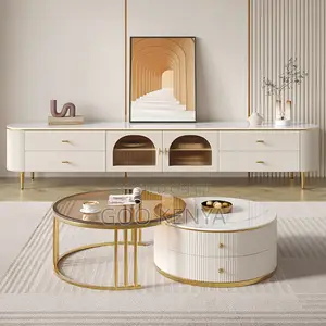 Home Table; Premium Coffee Table Duo With Marble Top and Tv Cabinet