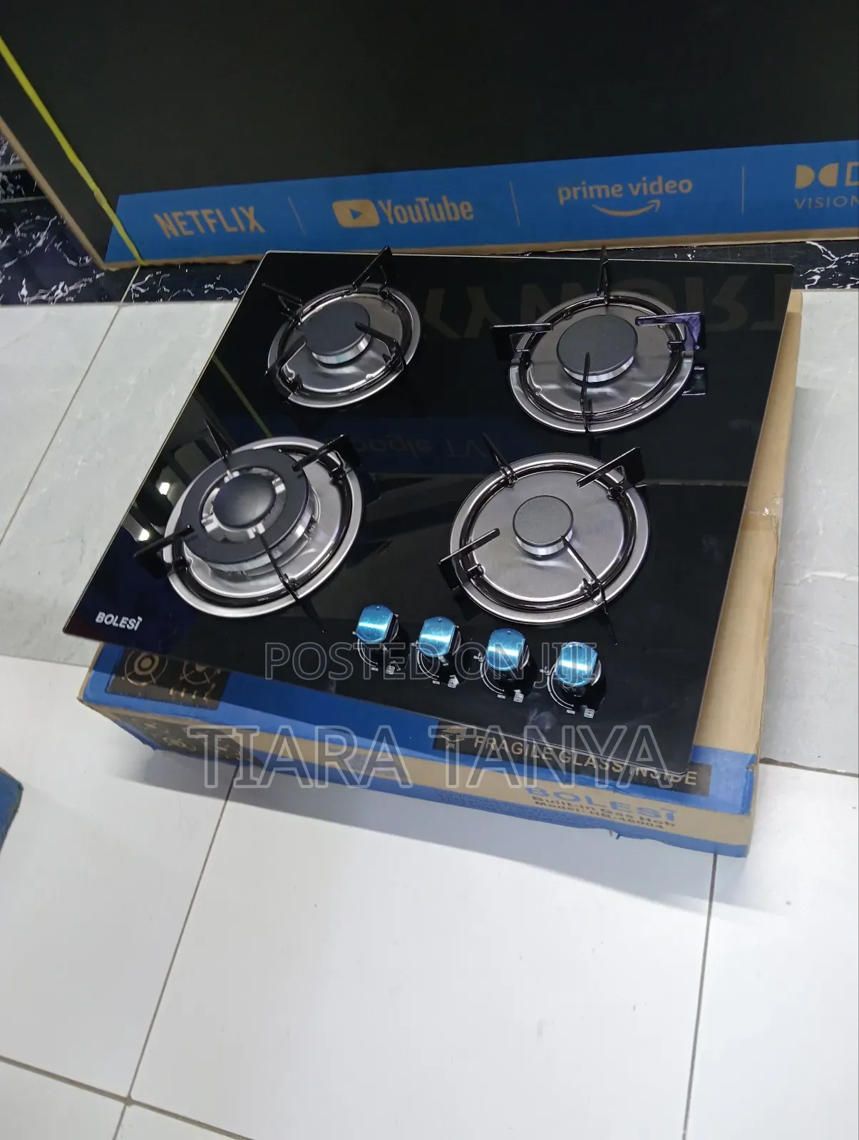 Bolesi Built in Hob 4 Gas Cooker Black With Glass(Wok)