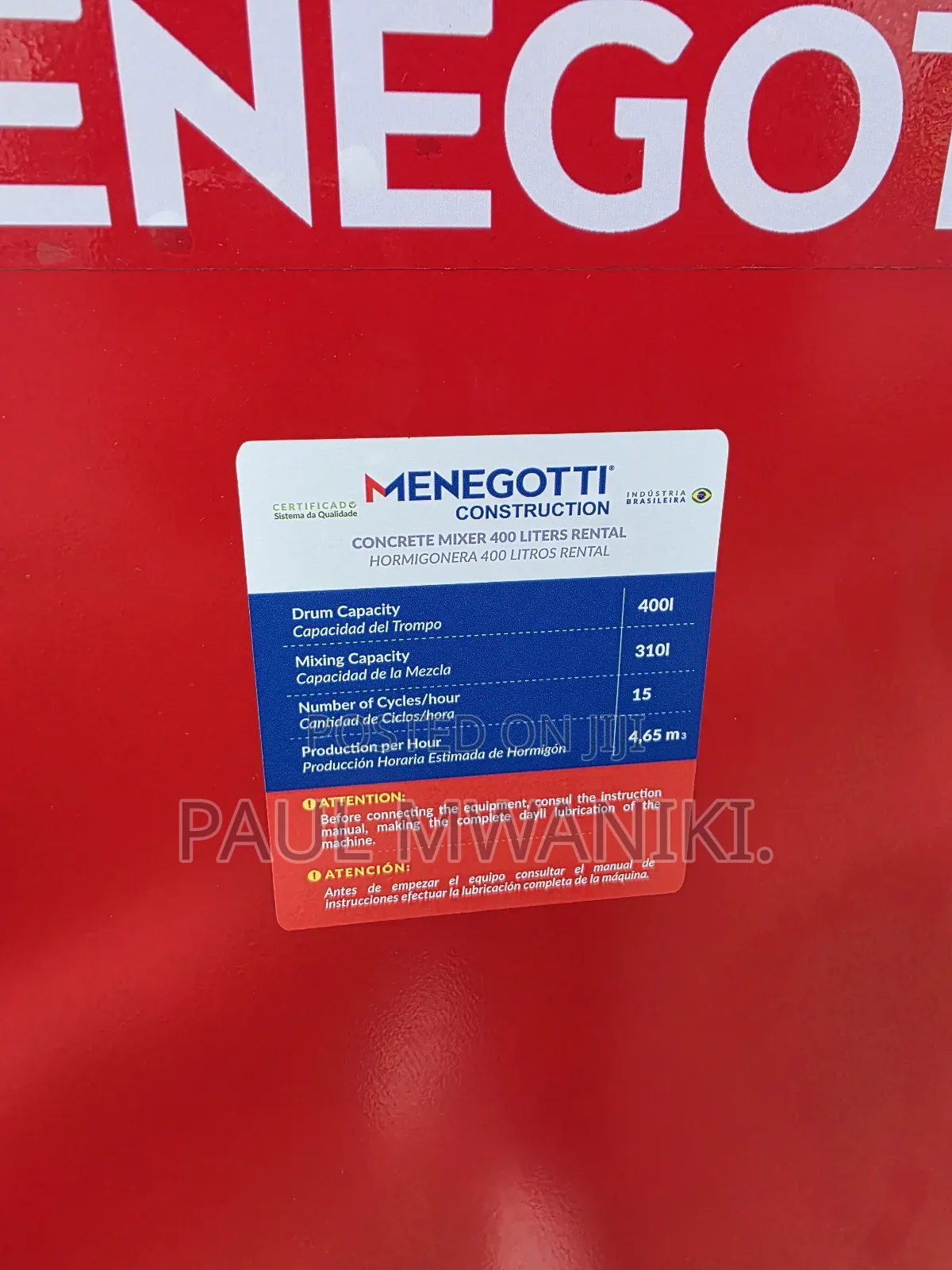 Menegotti Construction 400l Concrete Mixer –High-performance Machine.