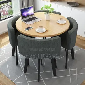 Home Dining Set; Round Wood Table With Cushioned Fabric Dining Chairs