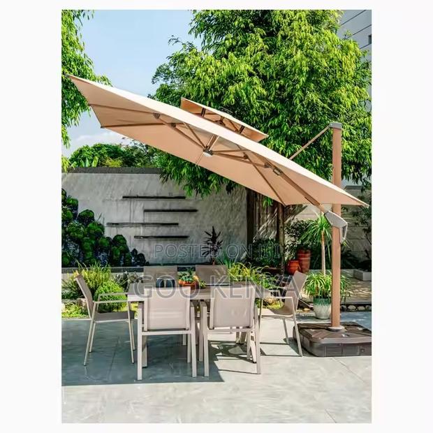 Outdoor Sun Umbrella; Rotating Wood Garden Umbrella With Fabric Canopy
