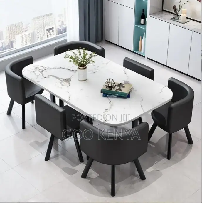 Home Dining Set; Space-Saving Round Dining Set With 6 Fabric Chairs