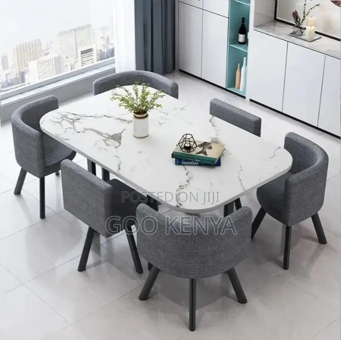 Home Dining Set; Space-Saving Round Dining Set With 6 Fabric Chairs