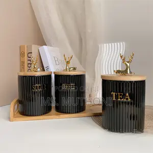 3pcs Ribbed Porcelain Ceramic Tea,Coffee Sugar Canister