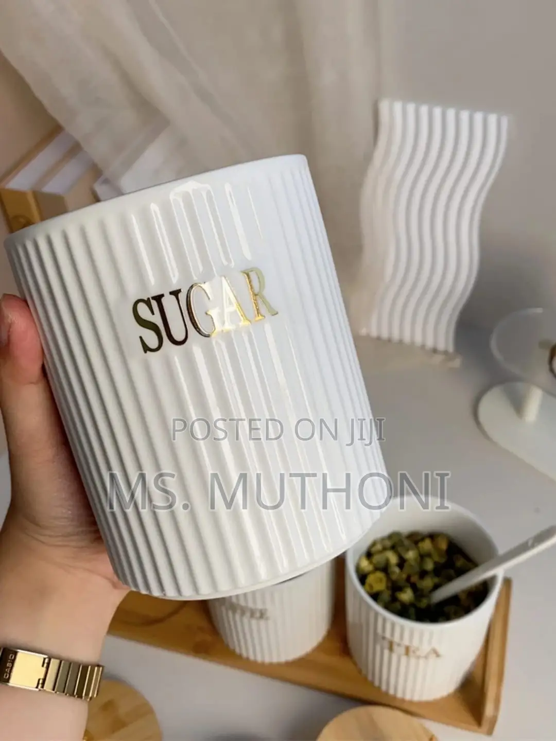 3pcs Ribbed Porcelain Ceramic Tea,Coffee Sugar Canister