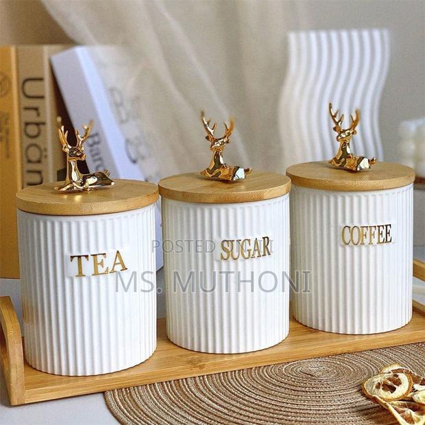 3pcs Ribbed Porcelain Ceramic Tea,Coffee Sugar Canister