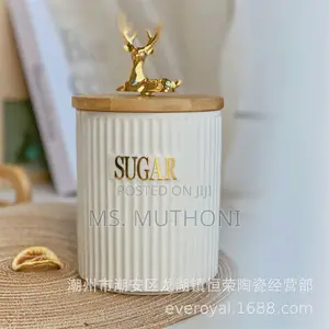 3pcs Ribbed Porcelain Ceramic Tea,Coffee Sugar Canister