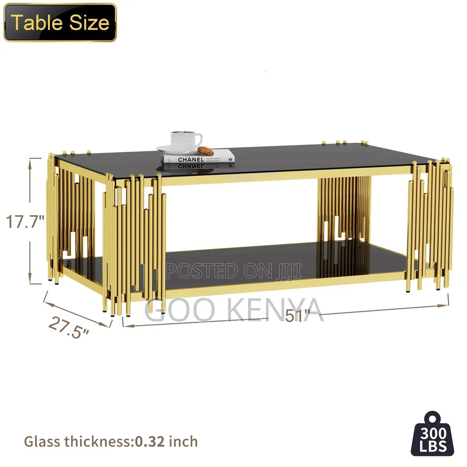 Home Table; Elegant Rectangular Black Coffee Table With Gold Legs