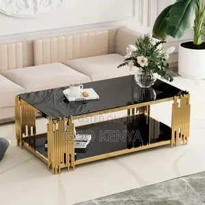 Home Table; Elegant Rectangular Black Coffee Table With Gold Legs