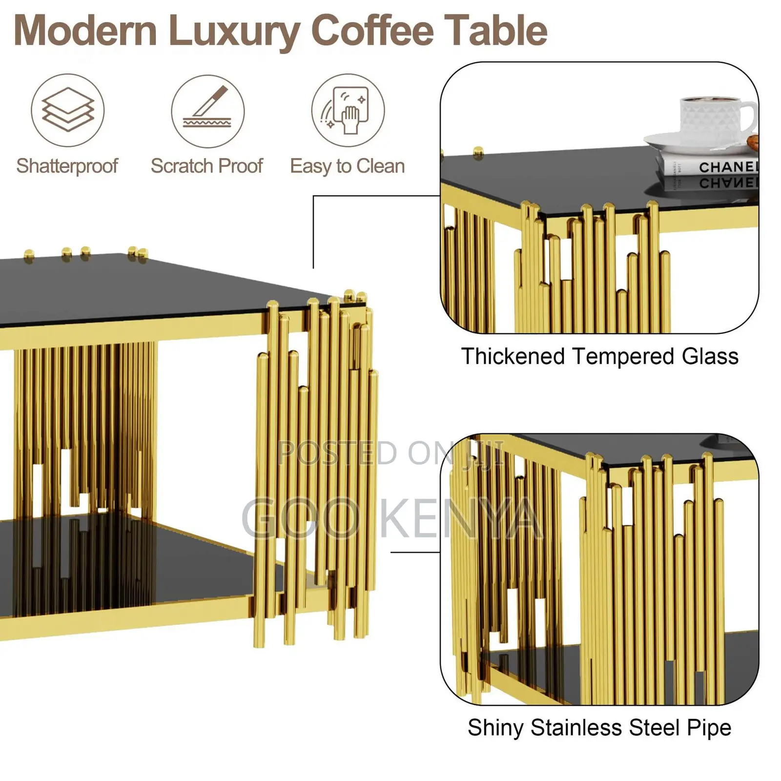 Home Table; Elegant Rectangular Black Coffee Table With Gold Legs
