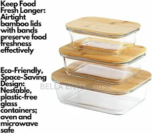 3pcs Glass Bowl Storage Containers With Bamboo Lid