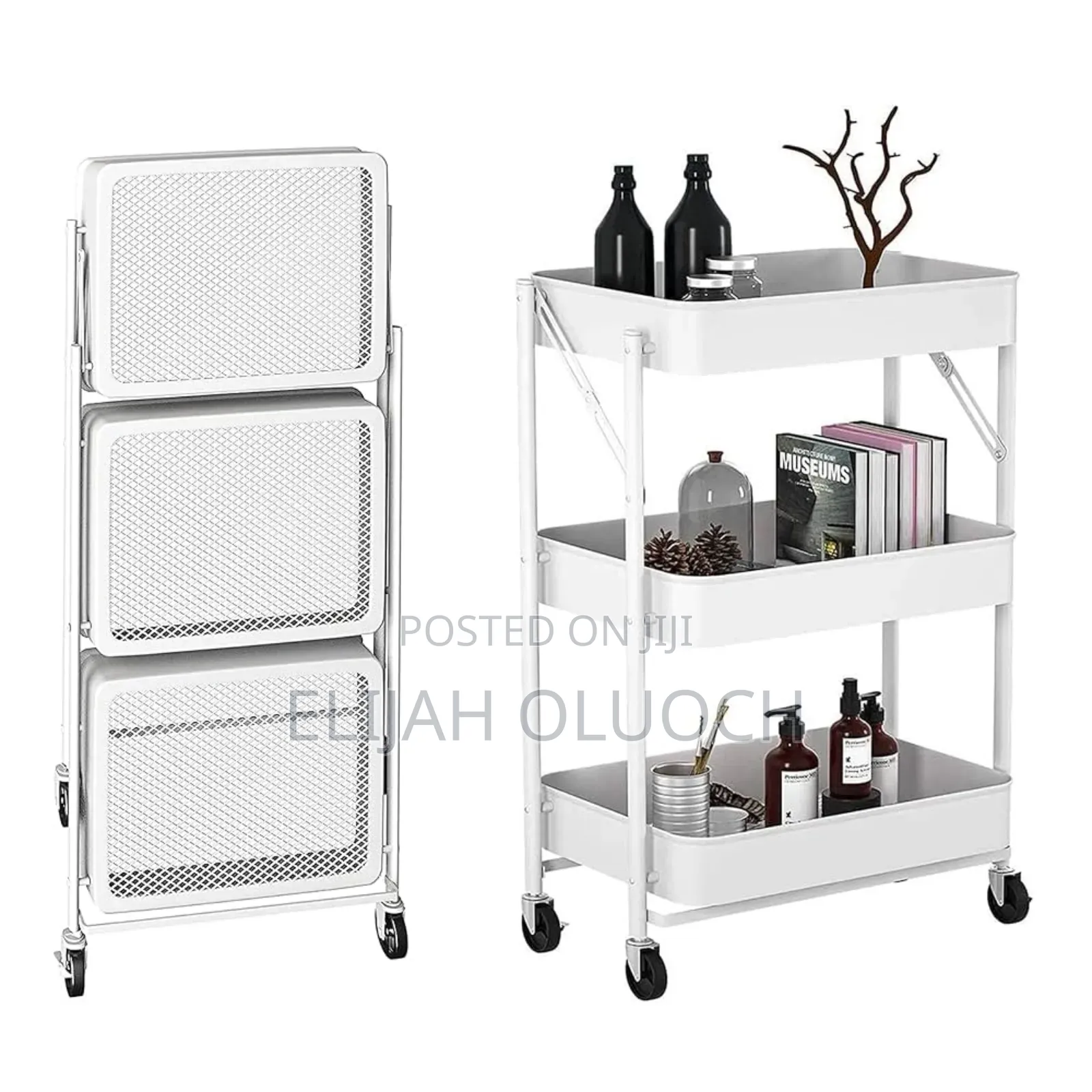 Foldable 3 Layer Metallic Mesh Trays Trolley Rack