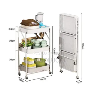 Foldable 3 Layer Metallic Mesh Trays Trolley Rack