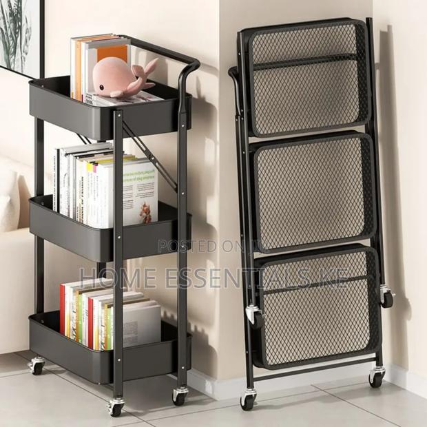 Foldable 3 Layer Metallic Mesh Trays Trolley Rack