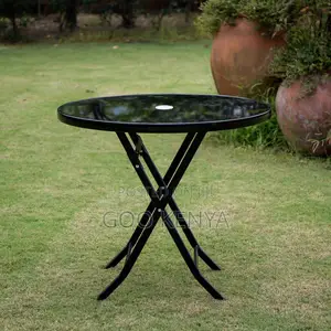 Home Table; Portable Round Folding Table With Black Glass Top