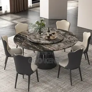 Home Dining Set; 6-Seater Marble With Lazy Susan and Leather Chairs