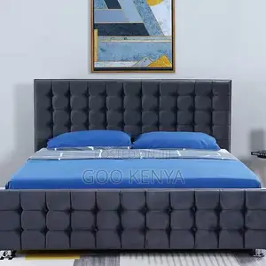 Home Bed; Wooden King Bed With Upholstered Leather Panels