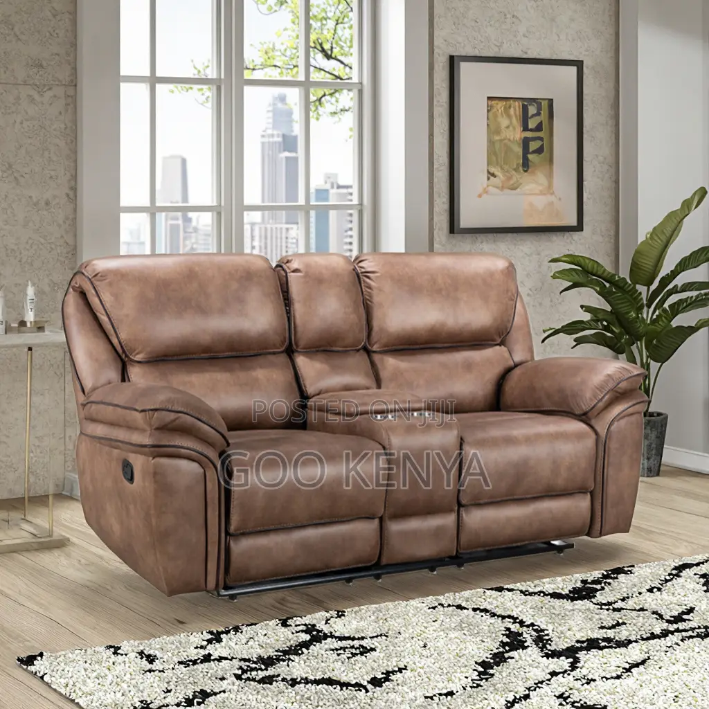 Home Sofa; Leather Reclining Two-Seater Sofa With Cup Holder
