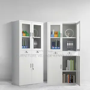 Double Door Half-Glass Metal Storage Cabinet - Gray Color