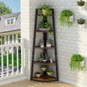 Home Shelf; Space-Saving 5-Tier Wooden Corner Rack With Metal Base.