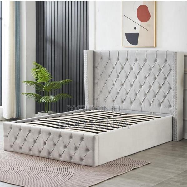 Home Bed; Decorative Wooden King Size Bed With Velvet Headboard - thumbnail 4