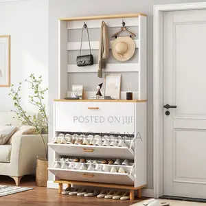 Home Shoe Cabinet; Flip Freestanding Wood Shoe Rack With Drawers