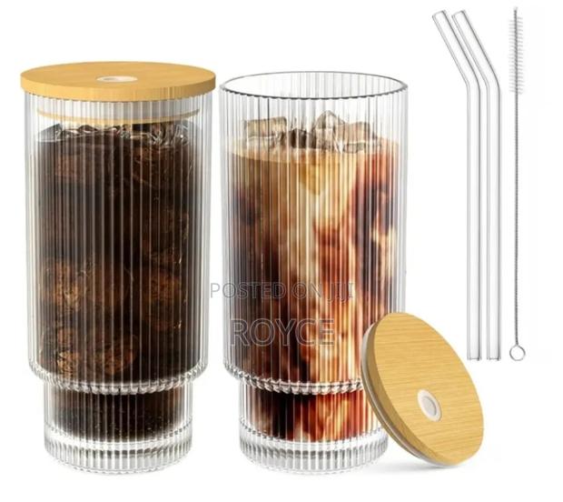 4pcs Ribbed Glass Smoothie Cups With Lids Straws - thumbnail 5