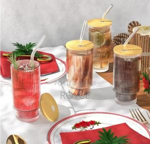 4pcs Ribbed Glass Smoothie Cups With Lids Straws - thumbnail 2
