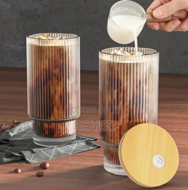4pcs Ribbed Glass Smoothie Cups With Lids Straws - thumbnail 4