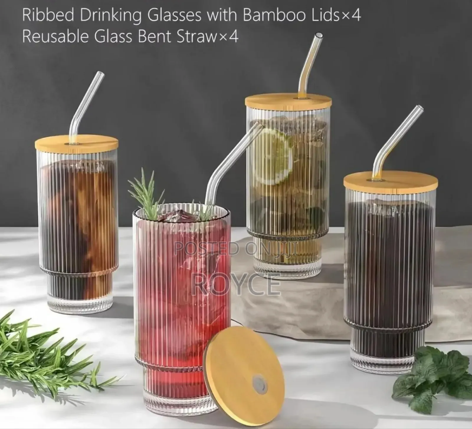 4pcs Ribbed Glass Smoothie Cups With Lids Straws
