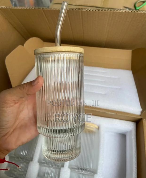 4pcs Ribbed Glass Smoothie Cups With Lids Straws - thumbnail 6
