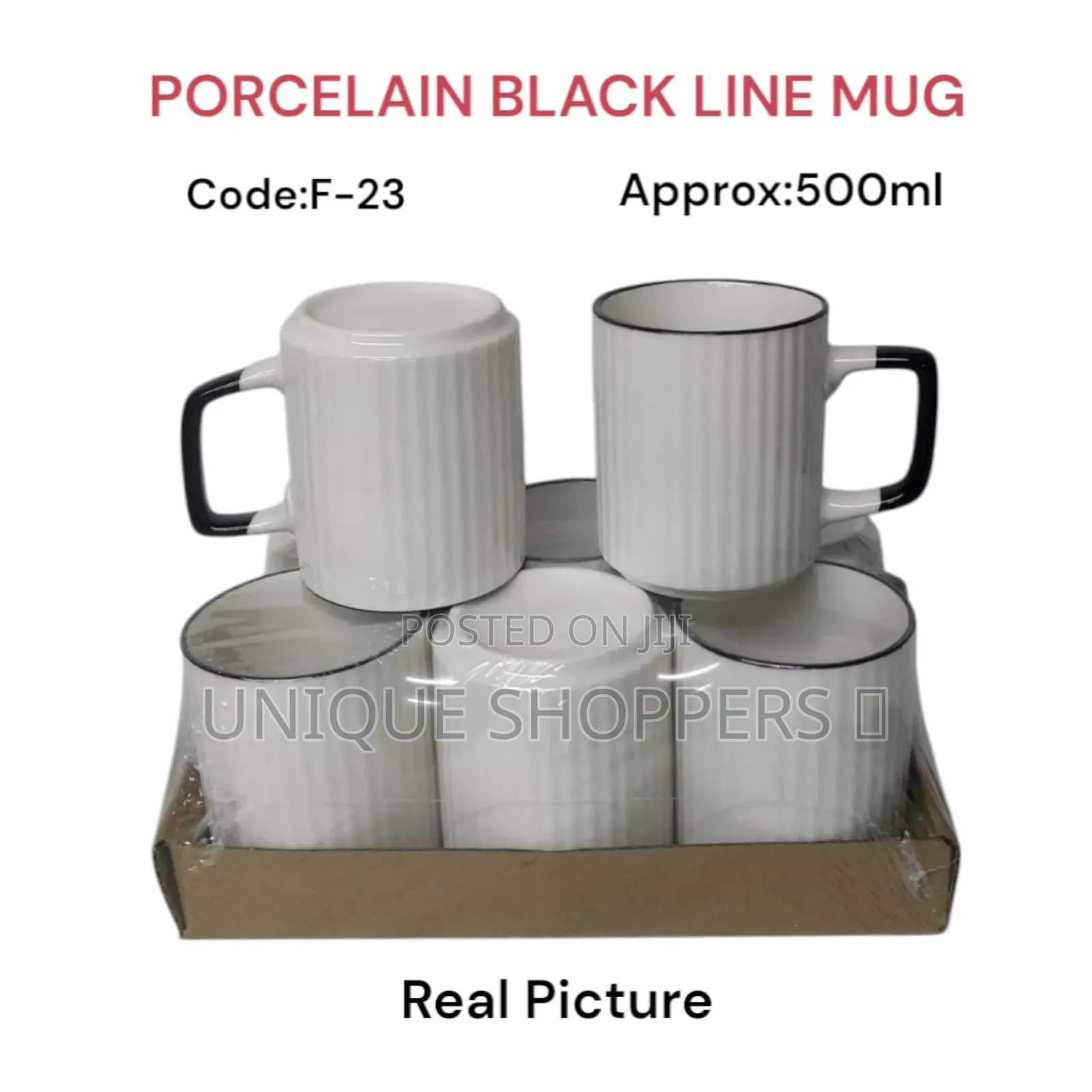 6psc Porcelain Black Line Mug . 
Approx 500ml