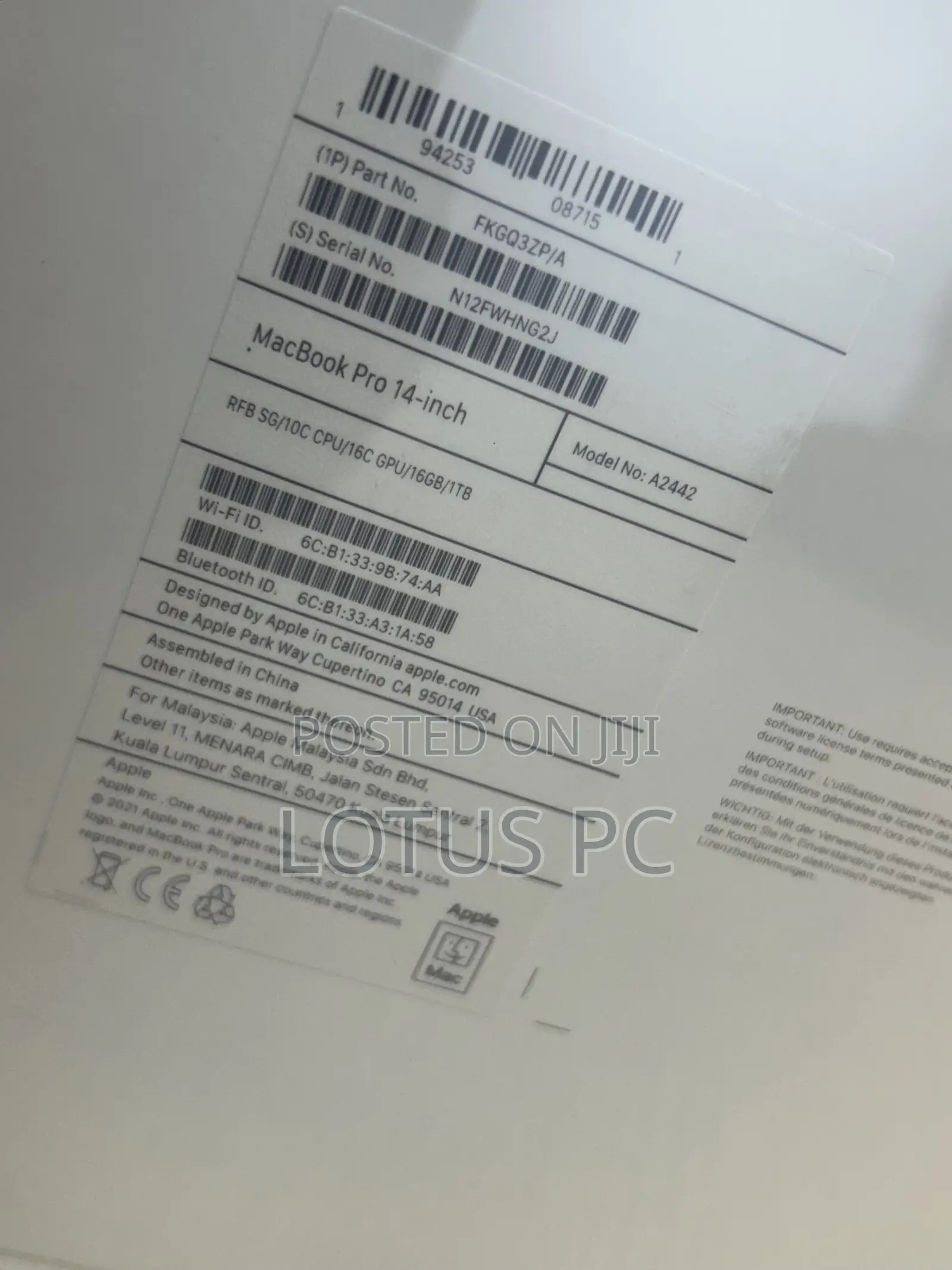 New Laptop Apple MacBook Pro 2021 M1 16GB Apple M1 Pro SSD 1T