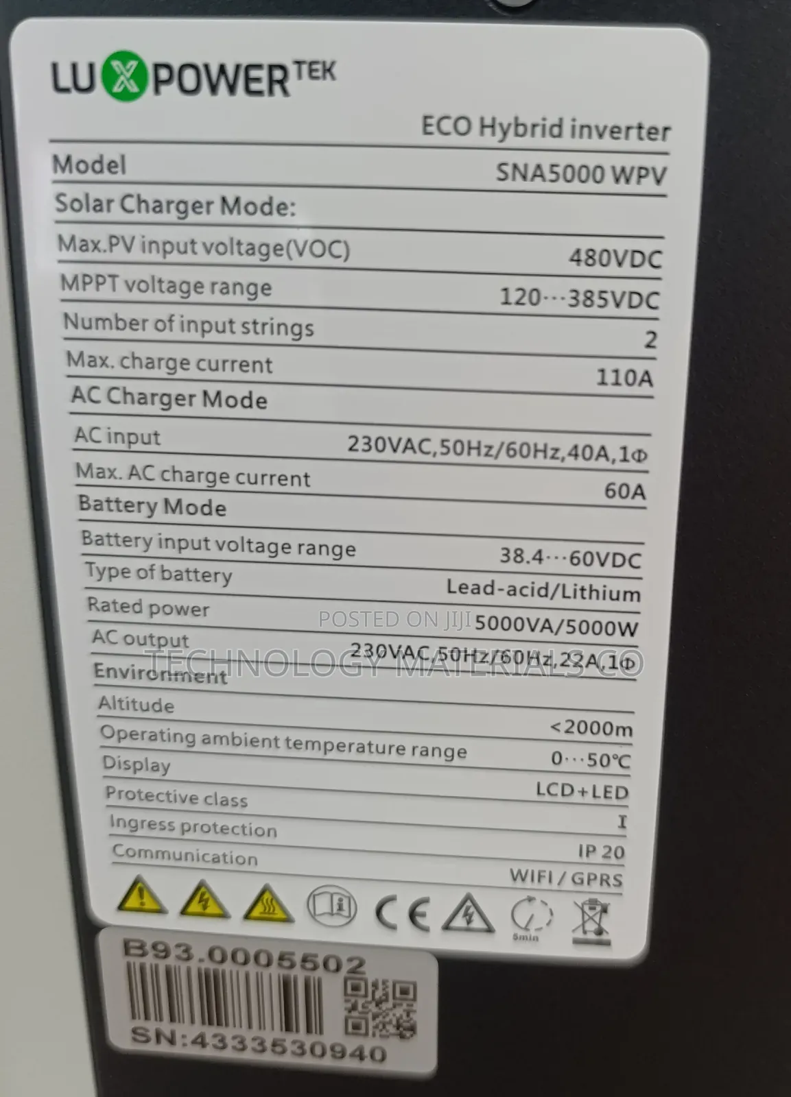 Luxpowertek 5kw Hybrid Solar Inverter | Pure Sine Wave, Wifi/Gprs